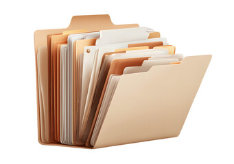 A beige folder with papers inside represents organized files and documents isolated on transparent background