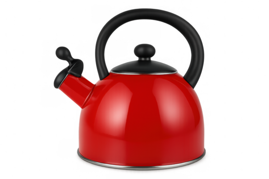 Red metal kettle with black handle and flipped-up spout, isolated on transparent background, ready for boiling water