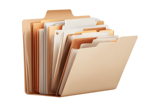 A beige folder with papers inside represents organized files and documents isolated on transparent background