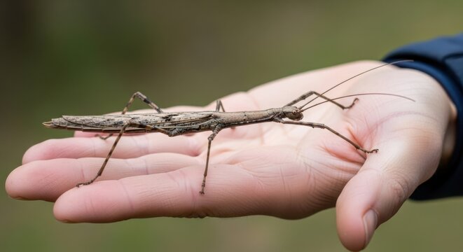 A stick insect rests on the palm of a persons hand