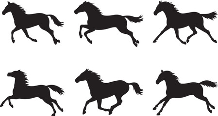 Six black horse silhouettes in motion across a white background equine