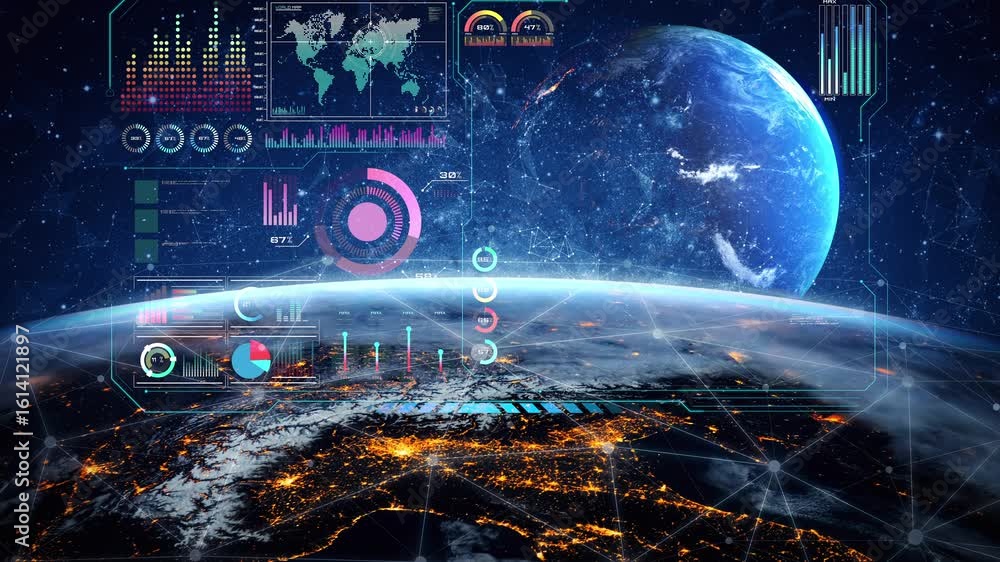 Poster high-tech global network connection interface showing worldwide digital communication, data exchange