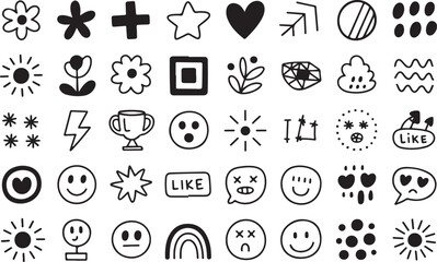 Black and white doodle icons of nature shapes and emotions flower star