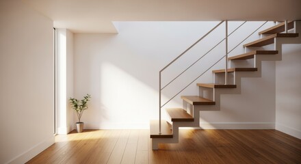 Minimalist entry space with bright walls simple staircase and warm wooden floors.