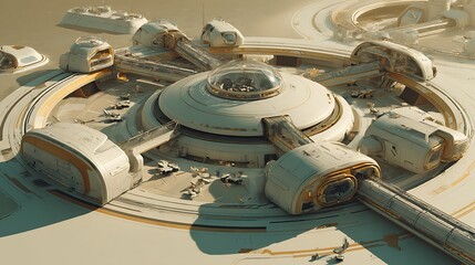 Futuristic outpost stands with gleaming white & gold structures. Ideal for science fiction, tech, web design, marketing, or editorial use.