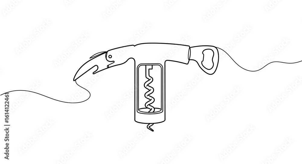 Poster continuous line drawing of corkscrew bottle opener in minimalist style