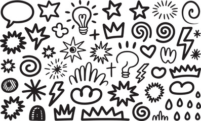 Fototapeta premium Hand drawn doodle elements speech bubble star lightbulb crown spiral handdrawn