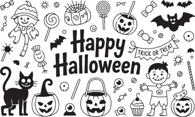 Happy Halloween collection with spooky characters and treats black white