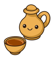 Cute kawaii-style honey jar and cup with faces. Cozy tea time or breakfast illustration. Perfect for food, tea, or cozy kitchen themes.