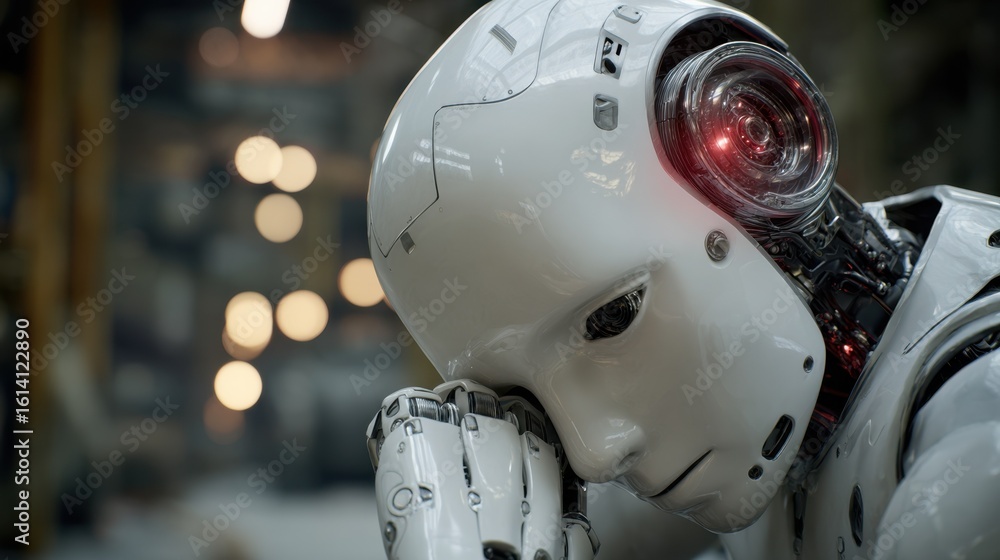 Aufkleber close up of a futuristic humanoid robot expressing empathy and concern, resting its head on its hand