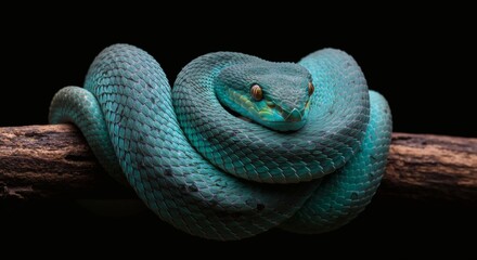 Fototapeta premium Emerald Serpent: A striking studio shot of a vibrant emerald snake coiled gracefully on a weathered branch, the snake's piercing gaze enhanced by dramatic lighting and a deep black background.