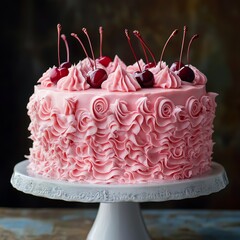 Pink celebration cake with vintage buttercream piped frills and cherries