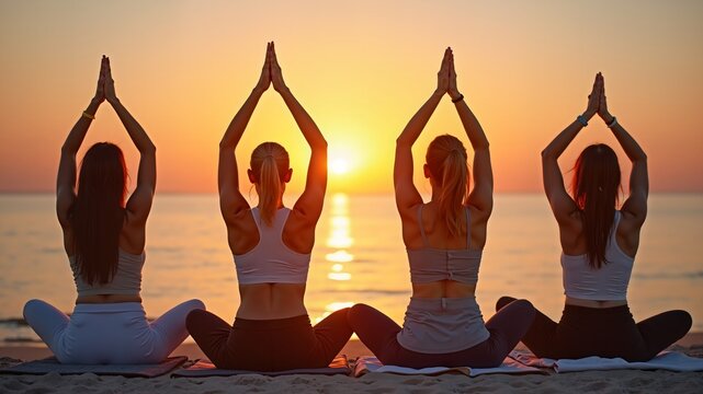 Women practicing yoga together on a beach at sunset with joy

