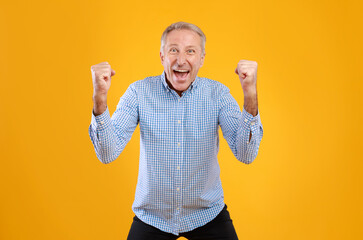 Yes, Great News. Portrait of excited senior man screaming and shaking clenched fists raised up in...