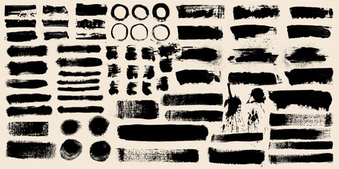 Black paint brush strokes and grunge oil paint textures. Dirty overlays, torn paper shapes, painted frames, boxes, clip art elements. Set of decorative hand drawn brush design on white background.