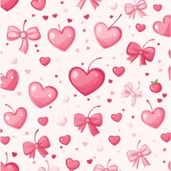 Drawing for Valentine's Day. Seamless pattern with hearts, cherries and bows. Pink. Vector
