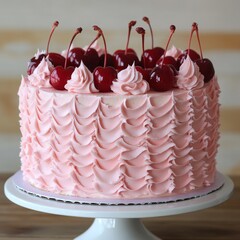 Pink celebration cake with vintage buttercream piped frills and cherries