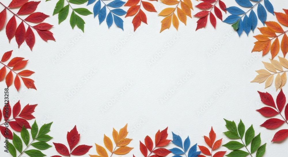 Poster colorful leaf frame: a vibrant and cheerful frame crafted from an array of vividly colored leaves, p