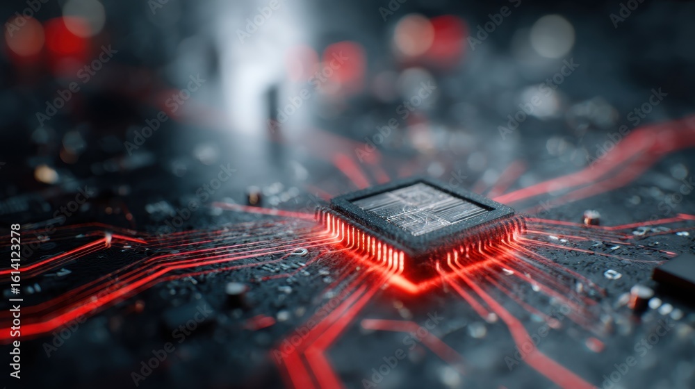 Poster artificial intelligence chip embedded in a circuit board with glowing red lights, symbolizing the po