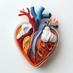 Realistic 3D paper cut human heart illustration. Layered colorful circulatory system organ for medicine project. Cardiology care or blood health concept.