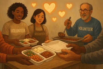 Community volunteer hands distributing warm meals with heart symbols floating above representing love and compassion