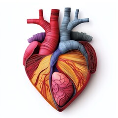 Realistic 3D paper cut human heart illustration. Layered colorful circulatory system organ for medicine project. Cardiology care or blood health concept.