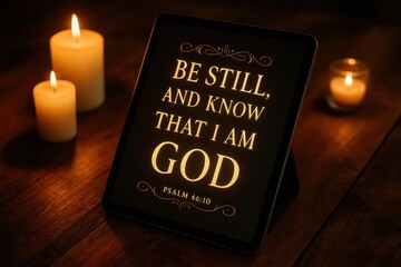 Digital tablet displaying illuminated Bible verses with warm candlelight reflection on wooden desk during evening study