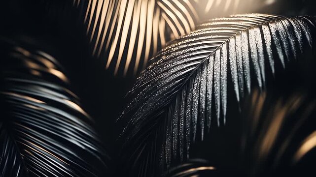 Dramatic, close-up shot of palm leaves, dark and moody with golden light accents