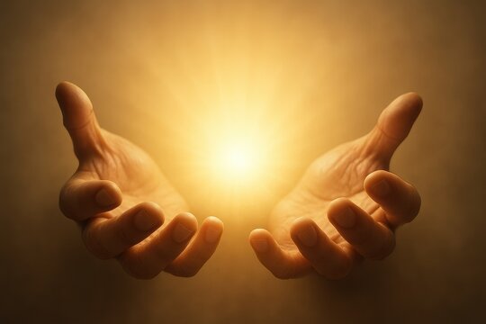 Compassionate hands reaching out to offer assistance with warm golden light between palms