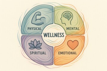 Holistic wellness wheel with interconnected elements of physical mental emotional spiritual health