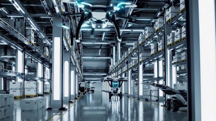 Autonomous robotic systems and unmanned aerial vehicles collaborating within advanced distribution center, optimizing logistics through intelligent automation and technological integration - Powered by Adobe