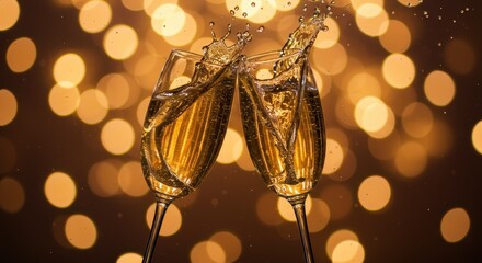 Champagne Toast: Sparkling Celebration with Golden Bokeh Background and Dynamic Splash