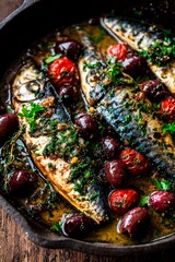 Juicy mackerel fillets are beautifully arranged in a skillet. They are surrounded by vibrant cherry tomatoes and briny olives, garnished with herbs, creating a cozy dinner setting