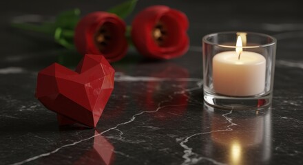 Geometric Heart, Tulips, and Candlelight: Romantic Still Life on Marble