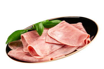 Ham slices meat spam pork fresh delicious gourmet food background on the table rustic food top view...