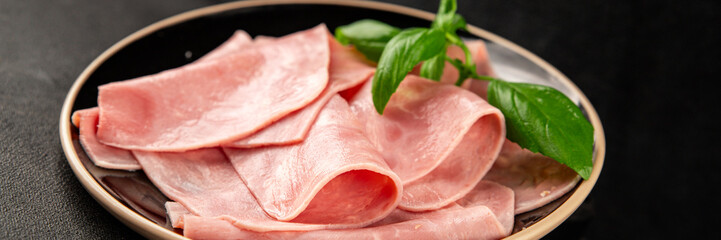 Ham slices meat spam pork fresh delicious gourmet food background on the table rustic food top view copy space