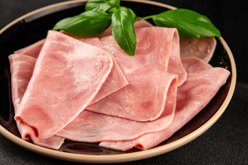 Ham slices meat spam pork fresh delicious gourmet food background on the table rustic food top view copy space
