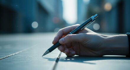 Hand Holding Pen on Table with Bokeh Background, Writing Concept