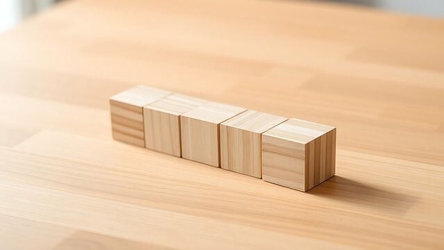 Wooden cube blocks arranged in progression on a smooth table, highlighted by soft natural lighting.