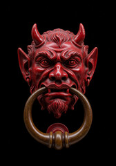 A close-up of a detailed, red devil-head door knocker against a pure black background.