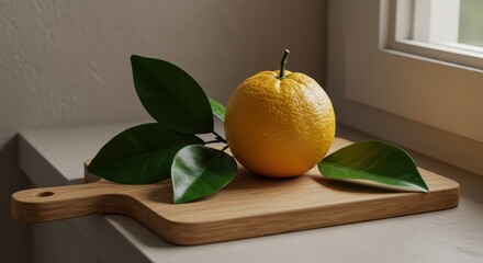 Fresh Orange Still Life: Vibrant Citrus Fruit with Green Leaves on Wooden Board by Window Light