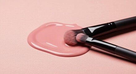 Makeup Brushes and Foundation: An eye-level shot captures two makeup brushes resting delicately atop a pool of smooth, pink foundation, creating a sense of artistry and beauty.