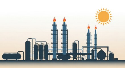 Silhouette of an industrial plant with flames and the sun