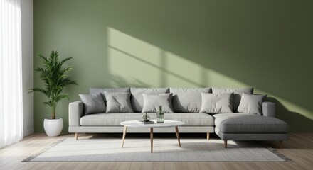 Serene Living Room Interior with Green Wall, Gray Sofa, and Natural Light