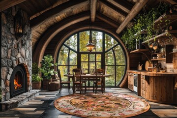 Cozy cabin interior, circular window, stone fireplace, wood beams, inviting atmosphere