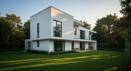 Modern White House with Lush Green Lawn and Evening Sunlight