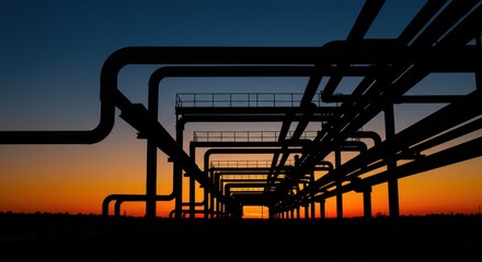 Industrial Pipeline Silhouette at Sunset: A Symphony of Lines and Fiery Sky