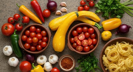 Vibrant Italian Ingredients: Pasta, Tomatoes, Peppers, and Herbs on Textured Surface