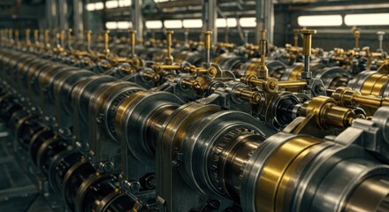 Intricate Machinery: Rows of Metallic Cylinders and Brass Fittings in Industrial Setting