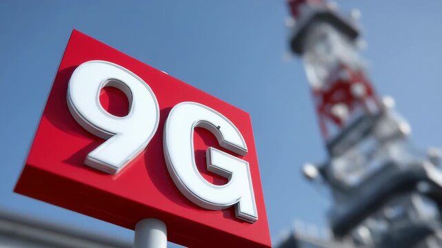 Closeup of 9g sign with dynamic background of communication tower